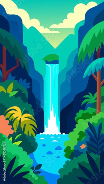 Obraz Vibrant tropical waterfall surrounded by lush green jungle and mountains