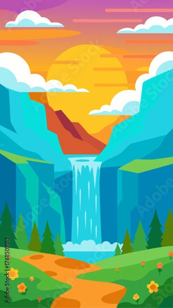 Obraz Vibrant flat design landscape with waterfall and sunset