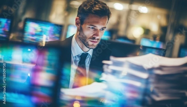Fototapeta Young Businessman In Formal Attire Working With Documents In Office With Multiple Screens, Focusing On Exchange And Money Operations.