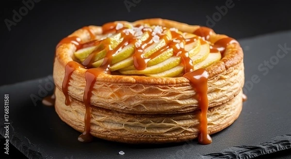 Fototapeta Deliciously decadent puff pastry tart topped with creamy filling and caramel drizzle
