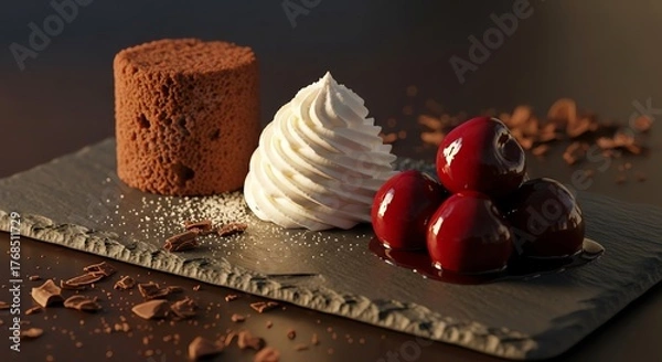 Fototapeta Artistic presentation of three decadent desserts including chocolate mousse whipped cream and glazed fruit on a slate platter