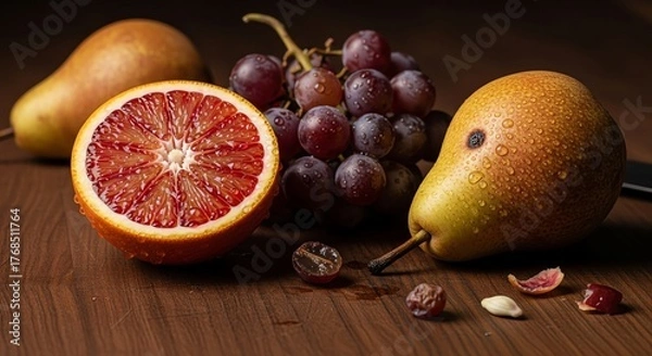 Fototapeta Vibrant blood orange halved with pears and grapes on a rustic wooden surface