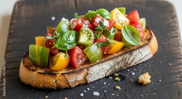 Fototapeta Freshly toasted bruschetta topped with vibrant mixed heirloom tomatoes and basil