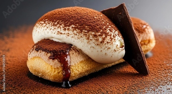 Fototapeta Delicious tiramisu dessert with whipped cream and chocolate shavings dusted with cocoa powder