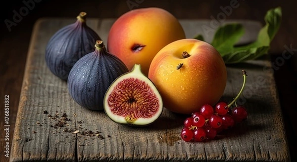 Fototapeta Fresh ripe figs and peaches arranged with red currants on rustic wooden surface