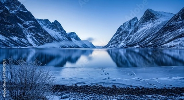 Fototapeta Majestic snow capped mountains reflected in a calm icy lake under a clear blue sky
