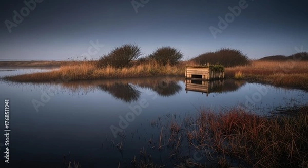 Fototapeta Tranquil rural landscape with rustic boathouse reflected in calm water at dusk