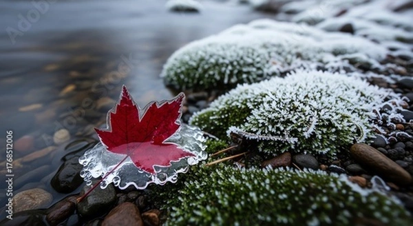 Fototapeta Vibrant red maple leaf encased in delicate ice crystals on a frosty riverbank