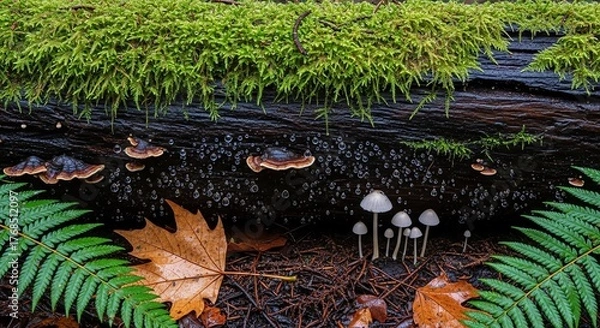 Fototapeta Close up of a moss covered decaying log with small mushrooms and fern fronds in a forest