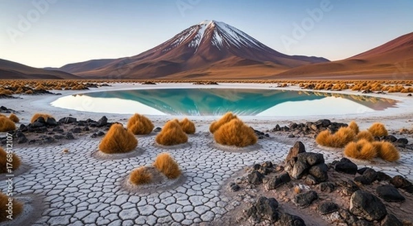 Fototapeta Vibrant turquoise lagoon reflects snow capped volcano in a stark desert landscape with unique flora
