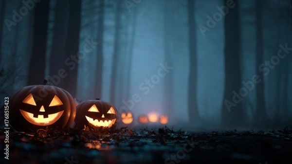 Fototapeta Glowing carved halloween pumpkins with spooky faces in a dark, foggy forest at night, creating eerie autumn atmosphere and mystical seasonal decoration