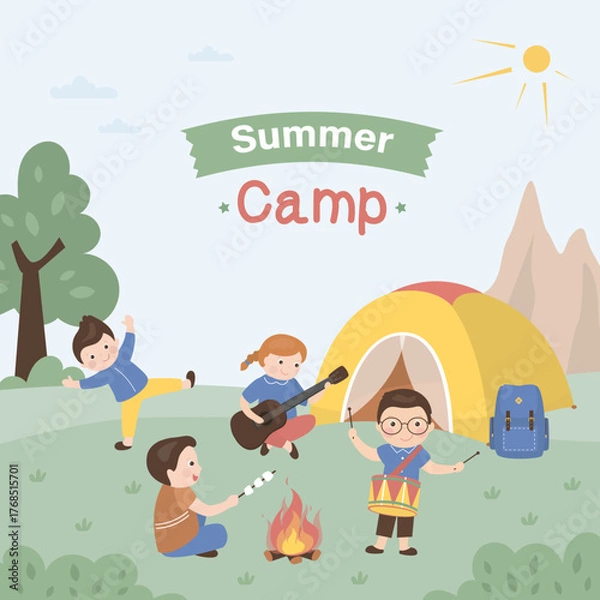 Obraz Summer Camp for kids. Happy girl with guitar and boy scout sing songs, roasting marshmallows. Team of scouts sitting near campfire and tent. Kids summer camp with school tour.