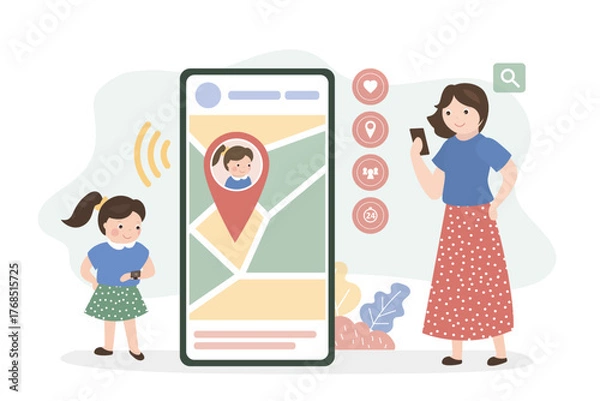 Obraz Monitoring whereabouts of kid. Phone screen with geolocation tracking app. Concept of parental control and protection. Mother communicate with child through smartwatch.