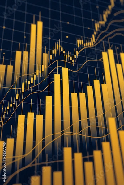 Fototapeta Vertical financial bar and line chart illustration with yellow-gold gradient on a dark blue-black background showing market growth and data analysis