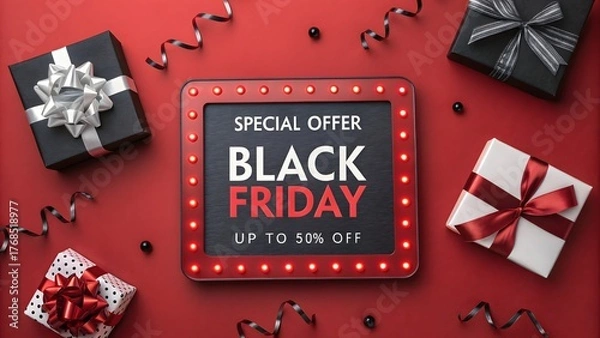 Obraz Black friday sale concept with gift boxes and frame on red background
