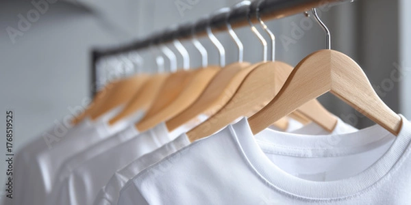 Obraz White t-shirts neatly hung on wooden hangers in a bright, minimalistic clothing store display during daytime