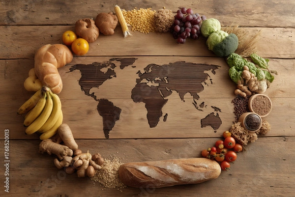 Obraz Colorful arrangement of fruits, vegetables, and grains around a wooden world map