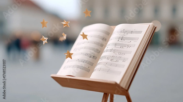 Fototapeta Music sheet with turning pages on stand and floating stars, perfect for musical inspiration and creativity