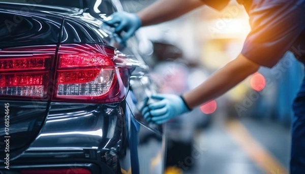 Fototapeta Thailand Car Plate Number Being Changed By Technician At Service Center - Service For Car Plate Replacement In Thailand.