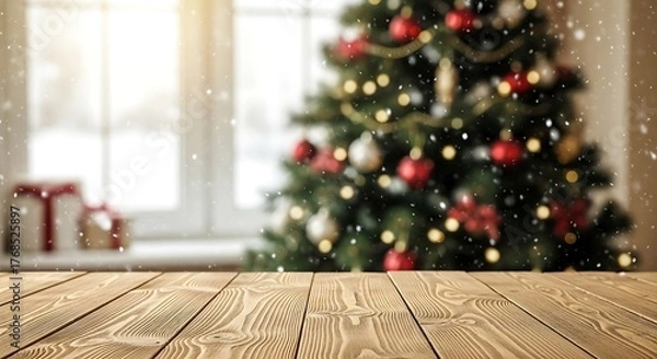 Fototapeta Cozy christmas scene with a decorated tree and gifts by the window, with snow falling outside