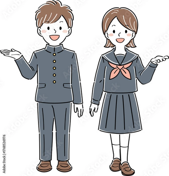 Obraz 笑顔で案内・紹介するポーズをしている制服姿の男女の学生のイラスト　全身