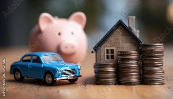 Obraz Blue Car Displayed Alongside Piggy Bank And Coins, Representing Property And Wealth In Real Estate And Financial Affairs.