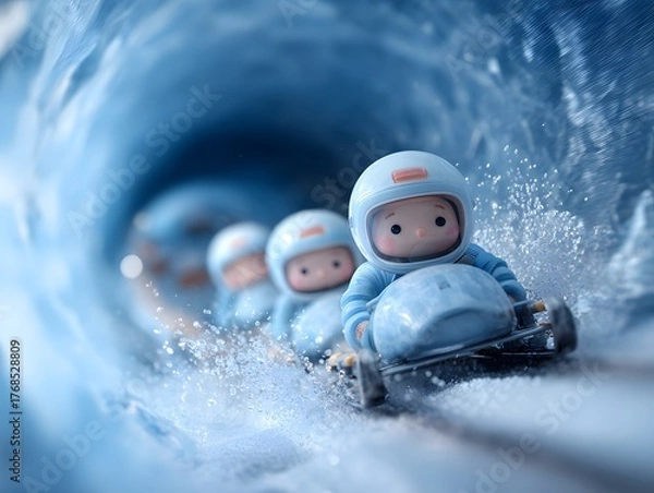 Fototapeta Playful Miniature Figures Racing in a Fun Blue Water Slide Adventure