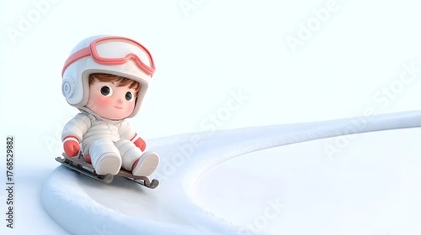 Fototapeta Cute Cartoon Child in Snow Suit Sliding on a Sled on Snowy Surface