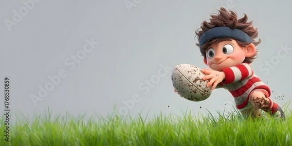 Obraz Playful Cartoon Boy Reaching for Rugby Ball on Green Grass Field