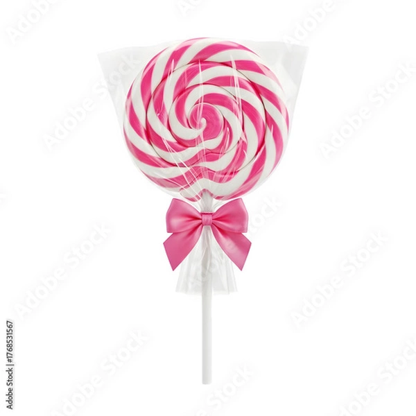 Fototapeta Colorful spiral lollipop with a cute pink bow. Perfect for candy, sweets, celebration, and festive designs. Isolated on white or transparent background. PNG format.