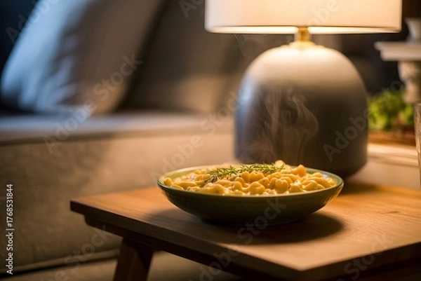 Obraz Steaming bowl of pasta with cheese and herb garnish on wooden table mac and cheese macaroni