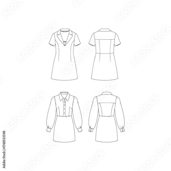 Fototapeta Illustration of technical drawing of a dress, showcasing front and back views with short and long sleeves