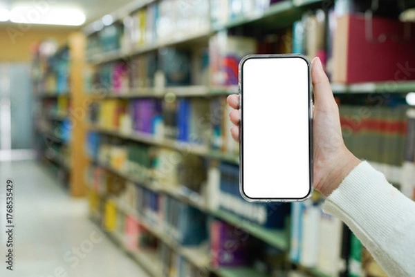 Fototapeta Hand holding smart phone with blank screen mock up on blur library room with bookshelves background. education, eBook, digital library, electronic library application, media store concept.