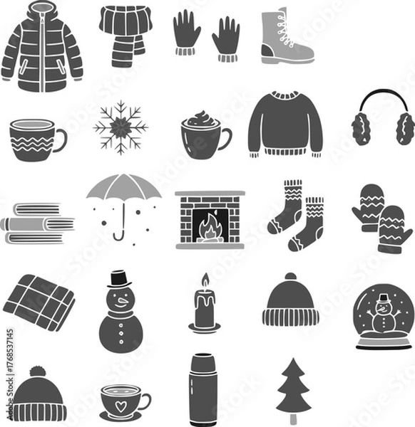 Fototapeta Flat black winter & Christmas vector icons, designed in minimalist silhouette style. This festive holiday bundle features classic Christmas symbols including a tree, Santa hat, candy cane, and others