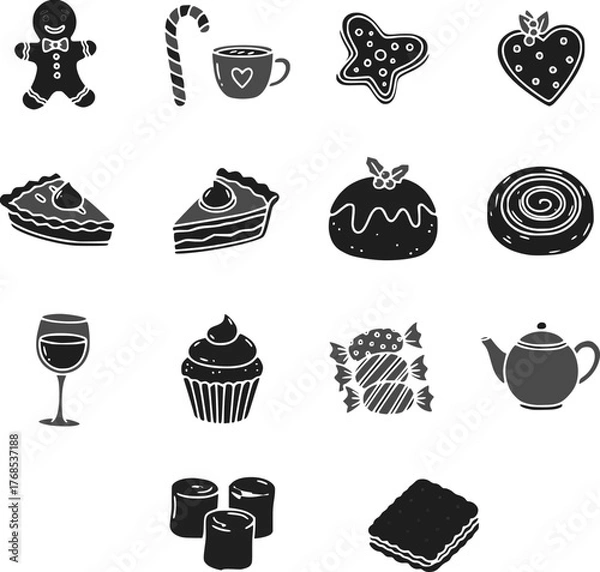 Fototapeta Flat black winter & Christmas vector icons, designed in minimalist silhouette style. This festive holiday bundle features classic Christmas symbols including a tree, Santa hat, candy cane, and others