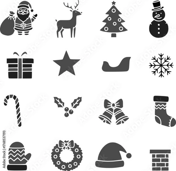 Fototapeta Flat black winter & Christmas vector icons, designed in minimalist silhouette style. This festive holiday bundle features classic Christmas symbols including a tree, Santa hat, candy cane, and others