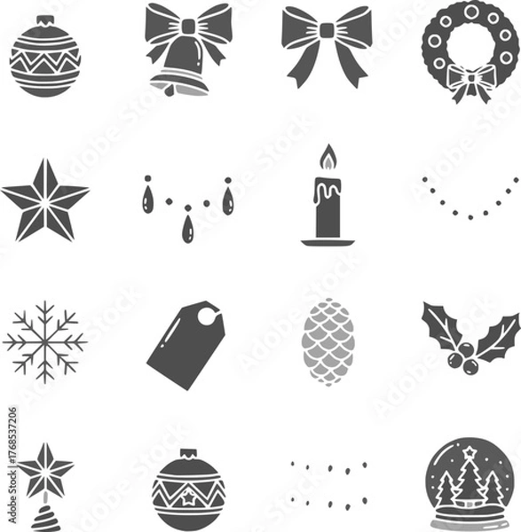 Fototapeta Flat black winter & Christmas vector icons, designed in minimalist silhouette style. This festive holiday bundle features classic Christmas symbols including a tree, Santa hat, candy cane, and others