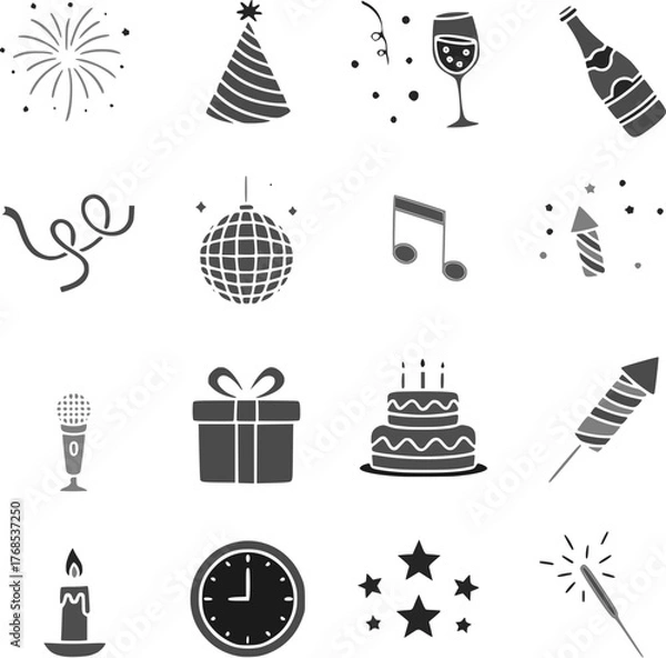 Fototapeta Flat black winter & Christmas vector icons, designed in minimalist silhouette style. This festive holiday bundle features classic Christmas symbols including a tree, Santa hat, candy cane, and others