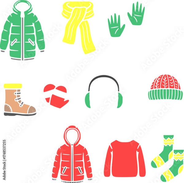 Fototapeta Flat color winter and Christmas vector icons, designed in a clean minimalist style. This festive icon bundle includes classic holiday elements such as Christmas tree, Santa hat, candy cane, and others