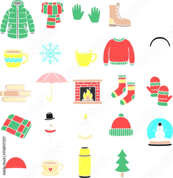 Fototapeta Flat color winter and Christmas vector icons, designed in a clean minimalist style. This festive icon bundle includes classic holiday elements such as Christmas tree, Santa hat, candy cane, and others