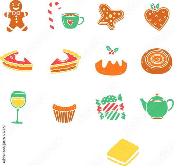 Fototapeta Flat color winter and Christmas vector icons, designed in a clean minimalist style. This festive icon bundle includes classic holiday elements such as Christmas tree, Santa hat, candy cane, and others