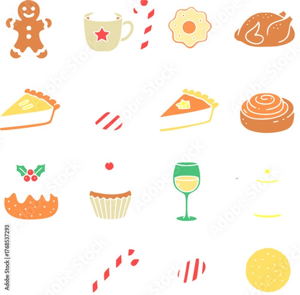 Fototapeta Flat color winter and Christmas vector icons, designed in a clean minimalist style. This festive icon bundle includes classic holiday elements such as Christmas tree, Santa hat, candy cane, and others