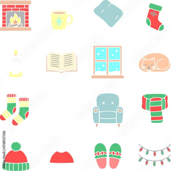 Fototapeta Flat color winter and Christmas vector icons, designed in a clean minimalist style. This festive icon bundle includes classic holiday elements such as Christmas tree, Santa hat, candy cane, and others