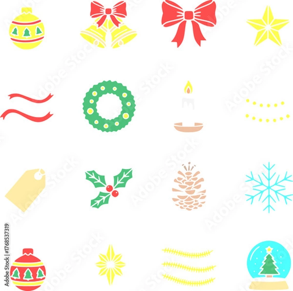 Fototapeta Flat color winter and Christmas vector icons, designed in a clean minimalist style. This festive icon bundle includes classic holiday elements such as Christmas tree, Santa hat, candy cane, and others