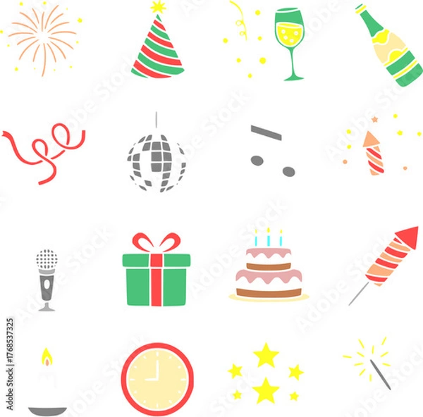 Fototapeta Flat color winter and Christmas vector icons, designed in a clean minimalist style. This festive icon bundle includes classic holiday elements such as Christmas tree, Santa hat, candy cane, and others