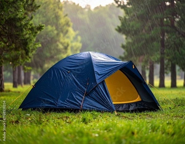 Obraz 土砂降りの雨と森のテント