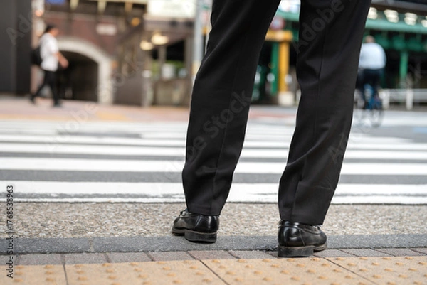 Fototapeta A businessman in black court shoe and slack trouser, formal working uniform, is waiting to crossing the road at zebra way. People and city life for transportation scene, close-up at low angle. 