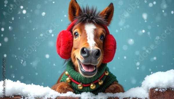 Obraz A cheerful brown horse wearing red earmuffs and a green sweater with bells, surrounded by falling snowflakes against a blue background.