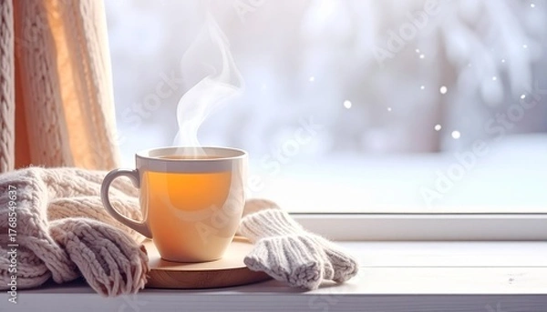 Obraz 雪の日の窓辺とホットドリンク — 季節のぬくもりと癒しが広がる冬の風景