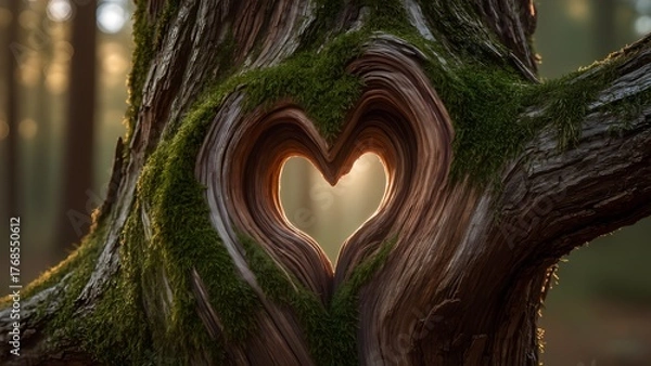 Fototapeta "Heartbeat of the Forest": A macro shot of a section of an ancient, moss-covered tree trunk, showing intricate bark patterns. Two tiny, naturally occurring knots or indentations in the wood.